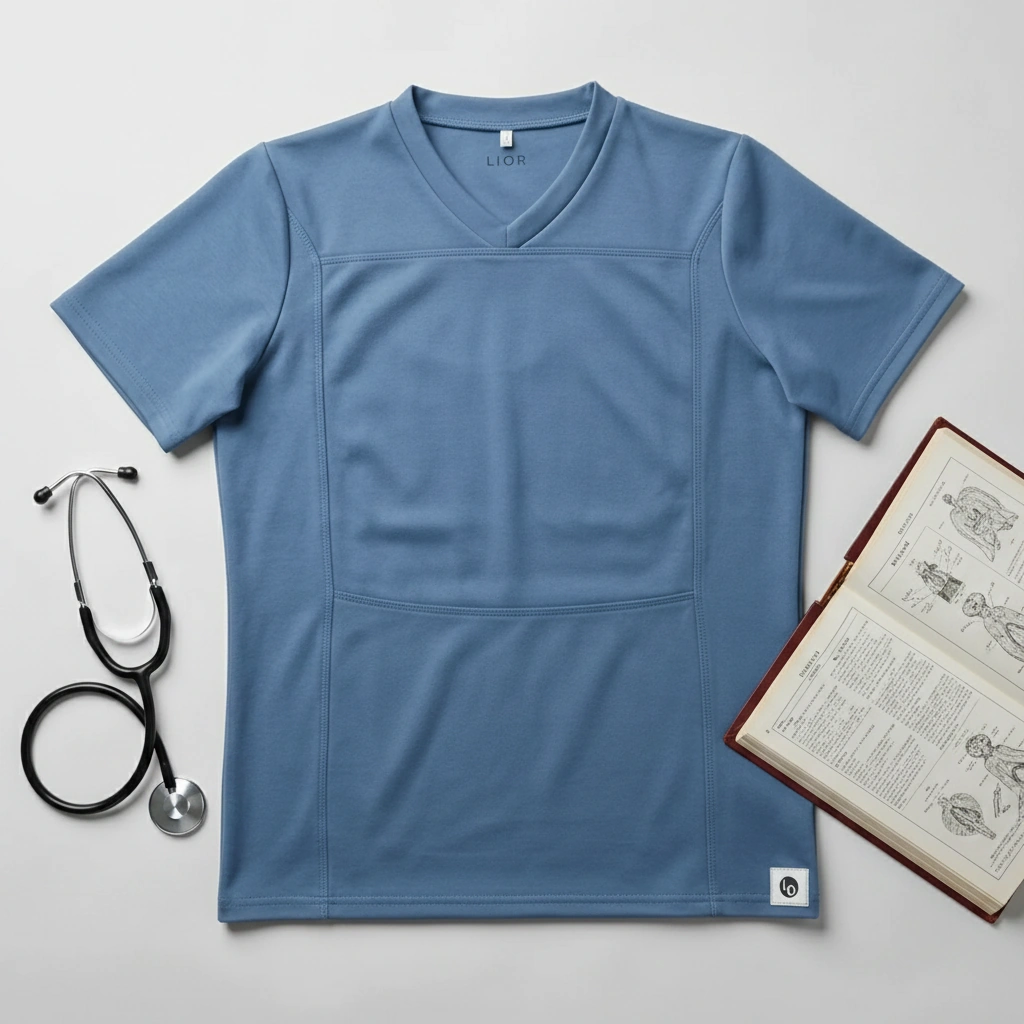 LIOR Kangaroo Pocket T-Shirt laid flat beside a stethoscope and an open medical book