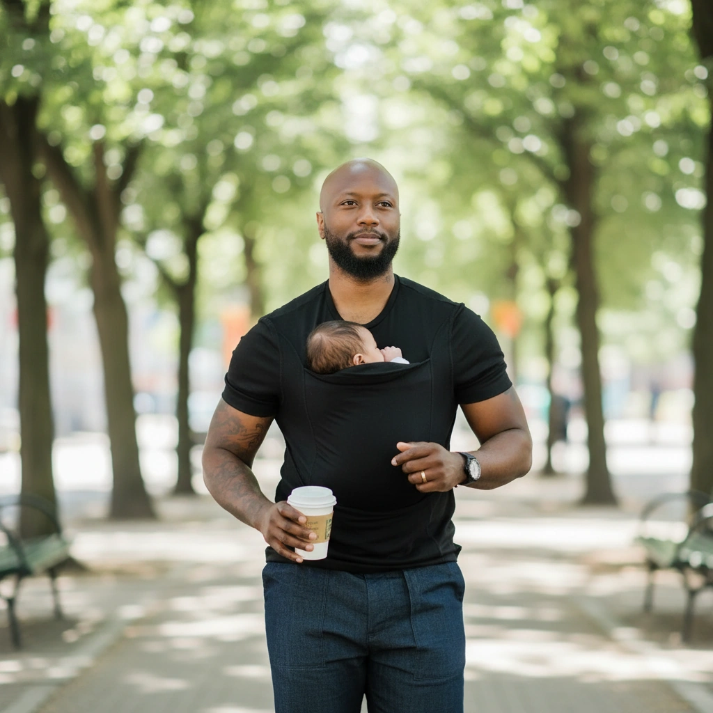 Dad walking outdoors with his newborn snug in his LIOR shirt pocket