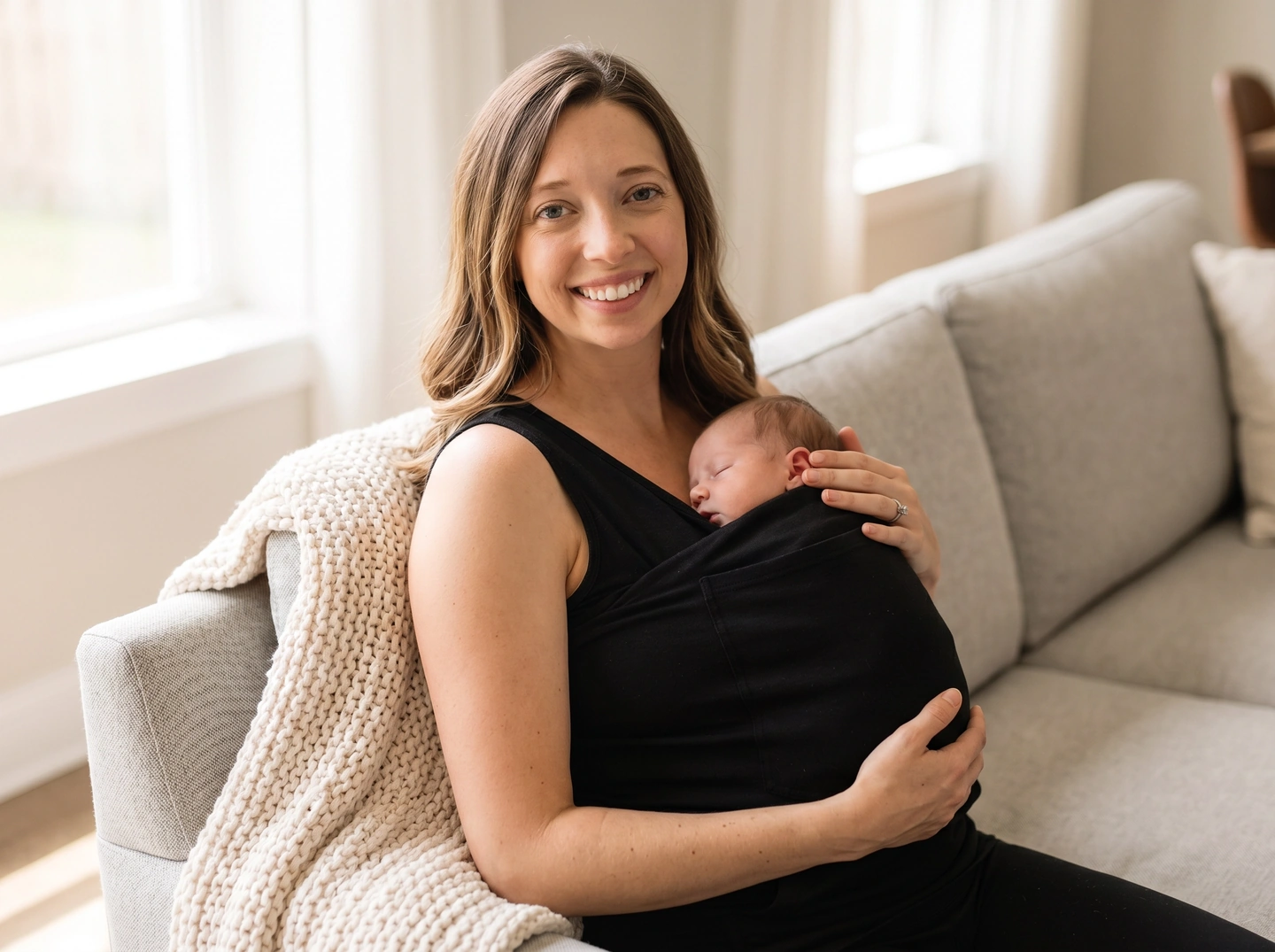 Smiling mom on the sofa with her newborn asleep in the pocket of her LIOR shirt