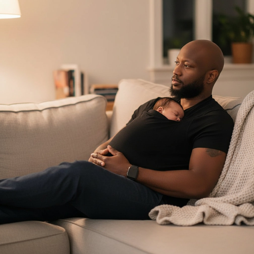 Dad relaxing on the sofa with his sleeping newborn tucked into his LIOR shirt pocket