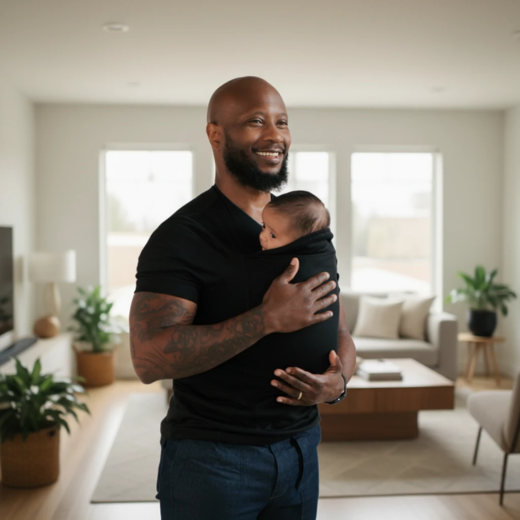 Smiling dad wearing a black LIOR Kangaroo Pocket T-Shirt with his newborn in the chest pocket