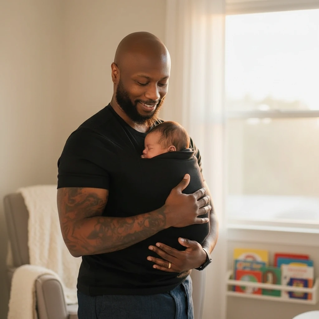 Dad holding his sleeping newborn in the pocket of his LIOR shirt in a nursery